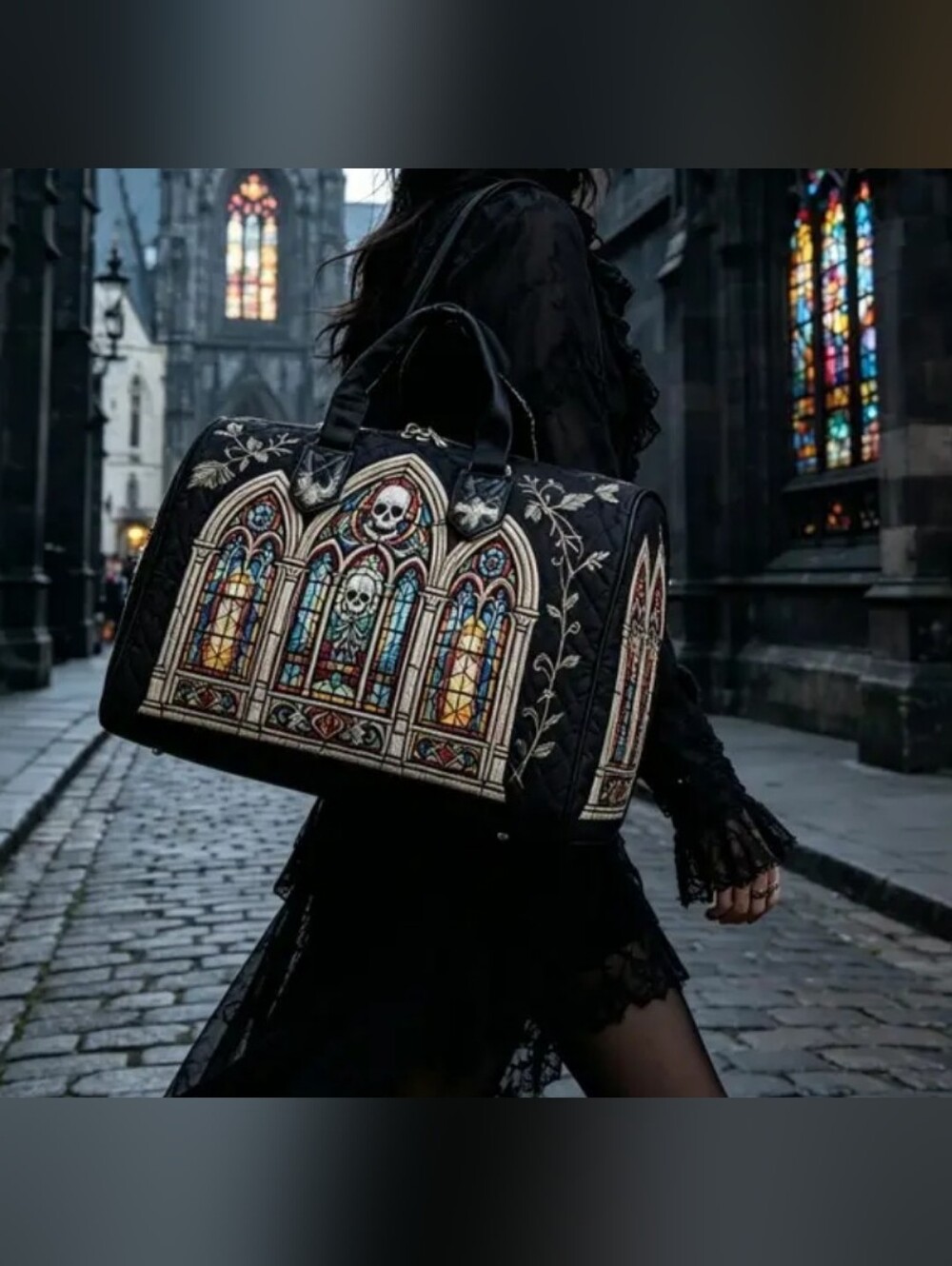 Gothic Stained Glass Print Weekender Bag in Black